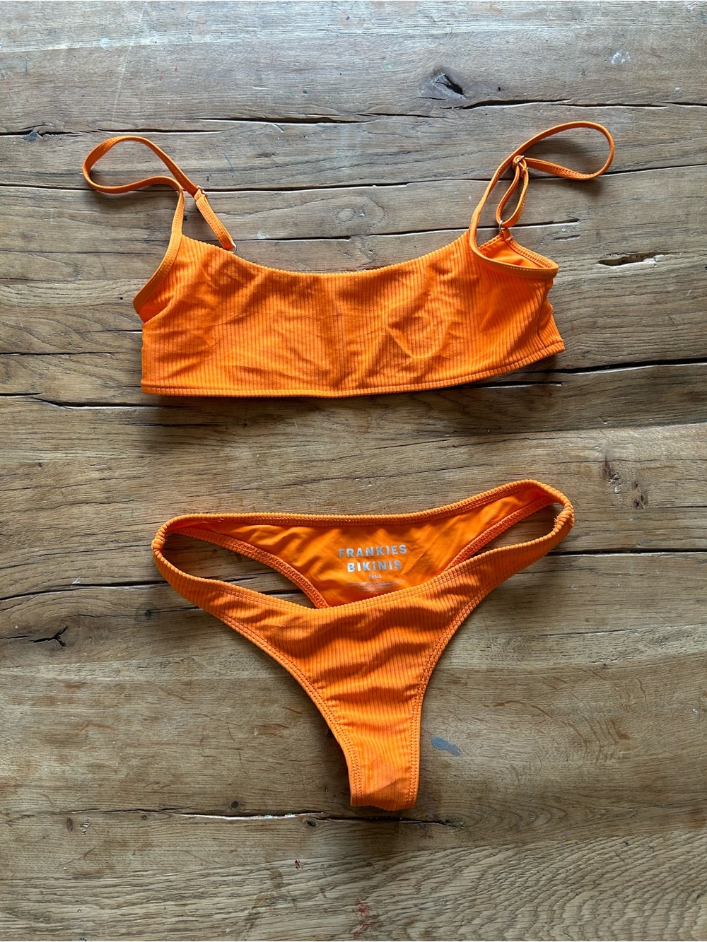 Frankie's Bikinis Orange Ribbed Two-Piece Swim Set cheeky bralette M top S bot